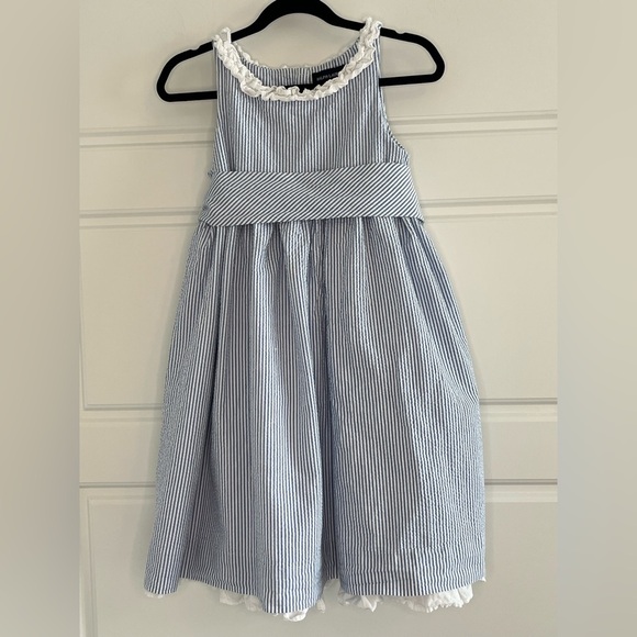 Ralph Lauren Girls Blue & White Pinstripe Cotton Seersucker Dress 5 Preppy - Picture 1 of 10